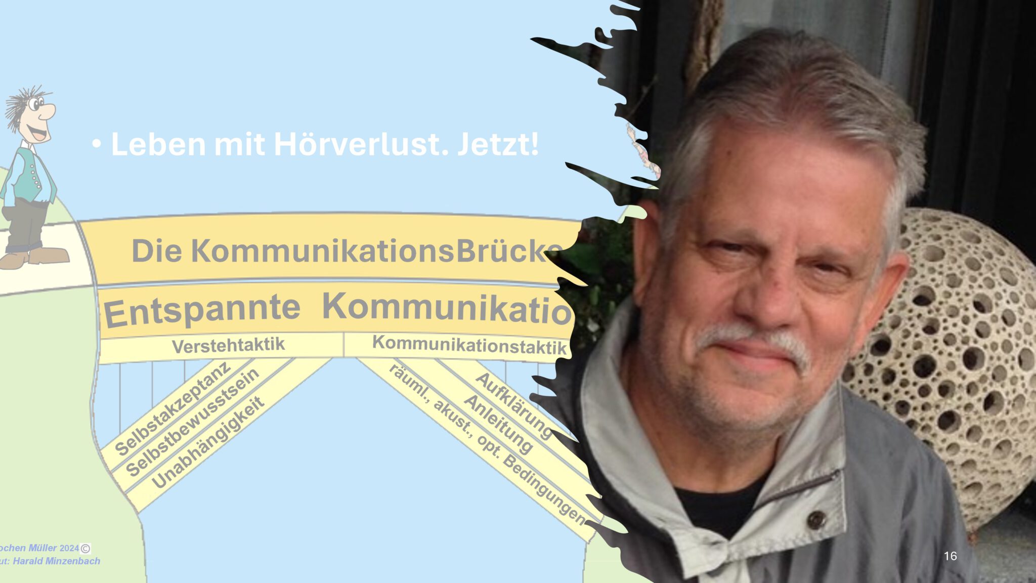 Kommunikationsbrücken-Modell und Portrait von Jochen Müller